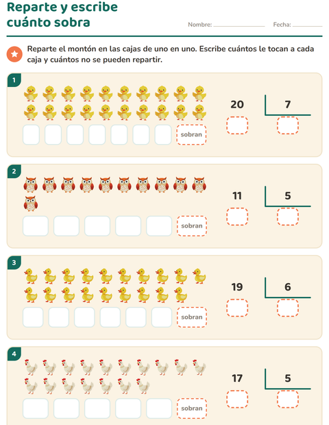 Vista previa de la hoja de Divisiones con residuo con Animales de granja para grado 3