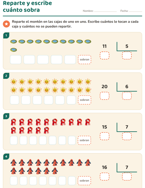 Vista previa de la hoja de Divisiones con residuo con Clima para grado 3