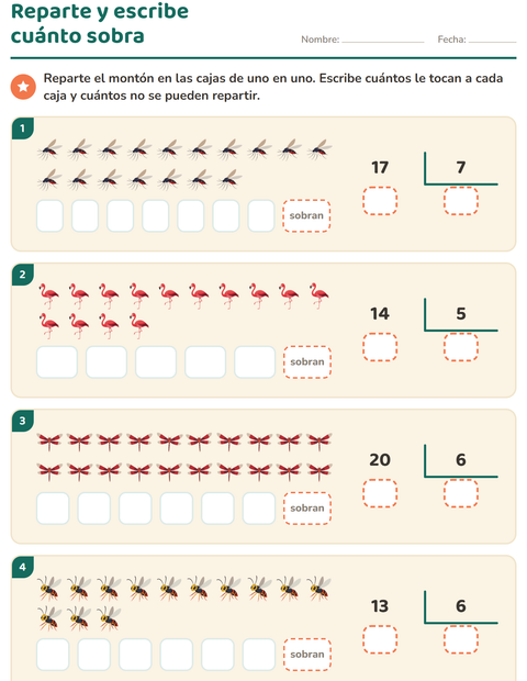 Vista previa de la hoja de Divisiones con residuo con Cosas que vuelan para grado 3