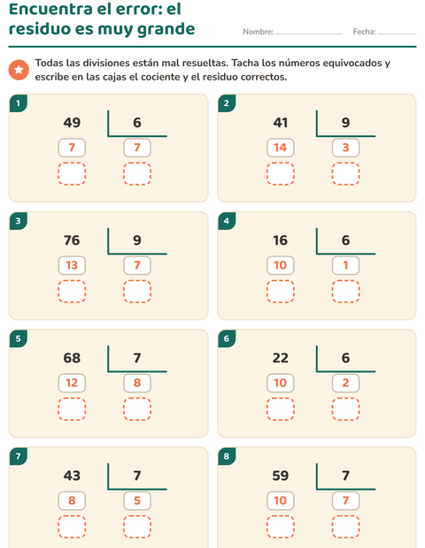 Vista previa de la hoja de Divisiones con residuo para grado 3
