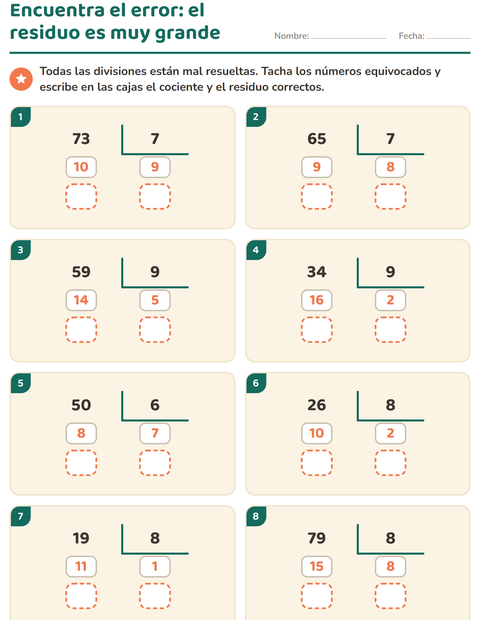 Vista previa de la hoja de Divisiones con residuo para grado 3