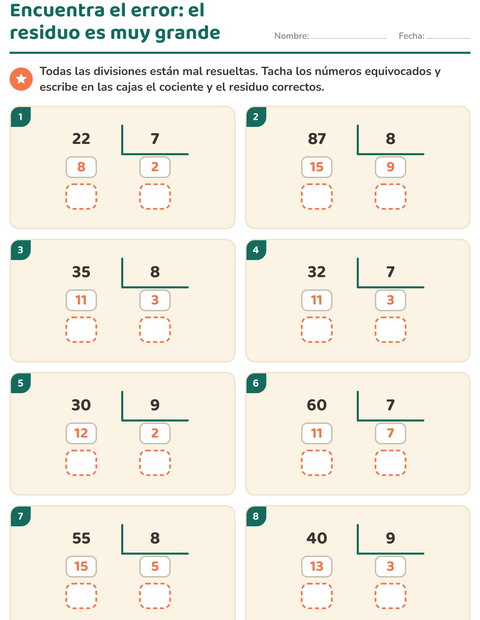 Vista previa de la hoja de Divisiones con residuo para grado 3