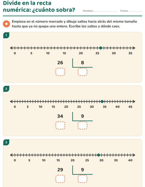 Vista previa de la hoja de Divisiones con residuo para grado 3