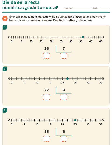 Vista previa de la hoja de Divisiones con residuo para grado 3