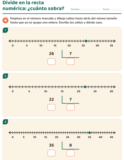 Vista previa de la hoja de Divisiones con residuo para grado 3