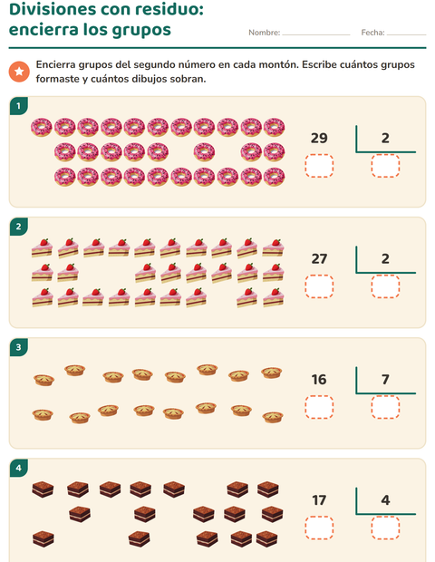 Vista previa de la hoja de Divisiones con residuo con Postres y dulces para grado 3