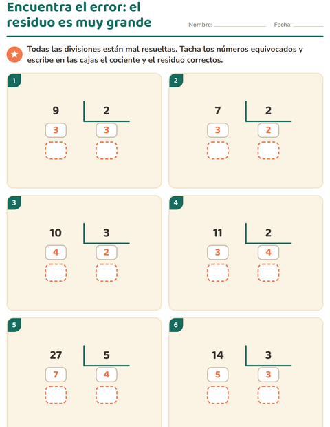 Vista previa de la hoja de Divisiones con residuo para grado 3