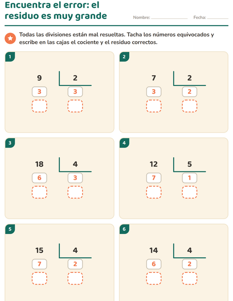 Vista previa de la hoja de Divisiones con residuo para grado 3