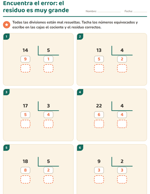 Vista previa de la hoja de Divisiones con residuo para grado 3