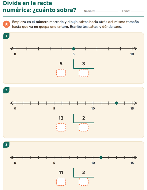 Vista previa de la hoja de Divisiones con residuo para grado 3