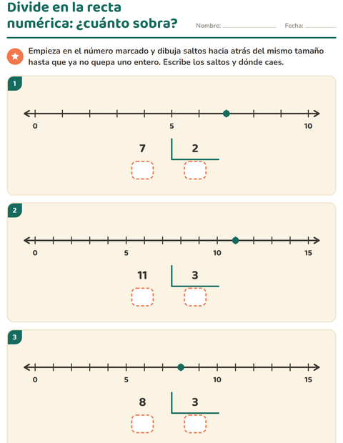 Vista previa de la hoja de Divisiones con residuo para grado 3