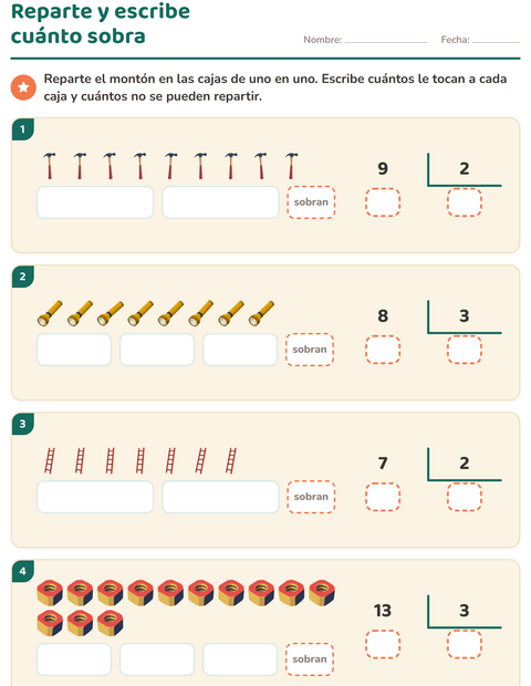 Vista previa de la hoja de Divisiones con residuo con Herramientas para grado 3