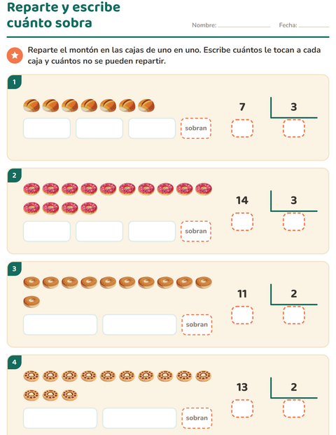 Vista previa de la hoja de Divisiones con residuo con Panadería para grado 3