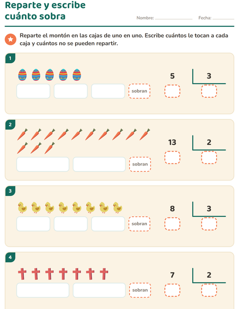 Vista previa de la hoja de Divisiones con residuo con Pascua para grado 3