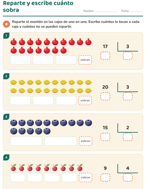 Reparte y escribe cuánto sobra — tercer grado
