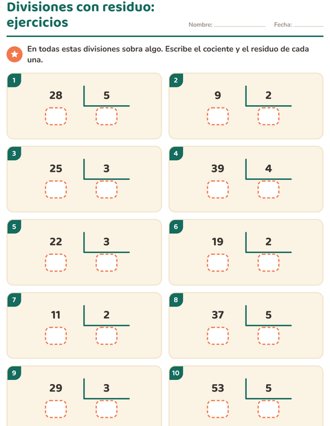 Divisiones con residuo: ejercicios — tercer grado