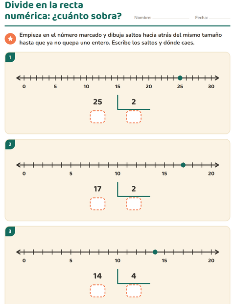 Vista previa de la hoja de Divisiones con residuo para grado 3