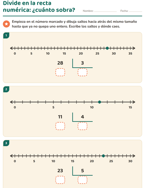 Vista previa de la hoja de Divisiones con residuo para grado 3