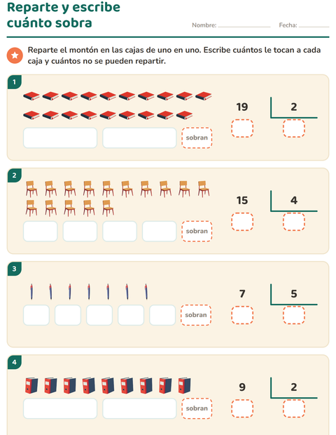 Vista previa de la hoja de Divisiones con residuo con Salón de clases para grado 3