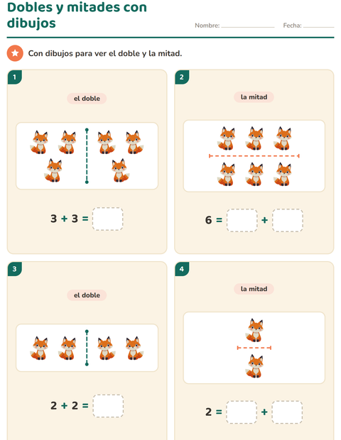 Dobles y mitades hasta 8 con animales: el doble es un espejo — primer grado