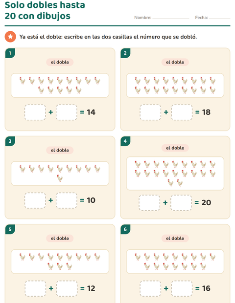 Vista previa de la hoja de Dobles y mitades con Animales de granja para grado 1