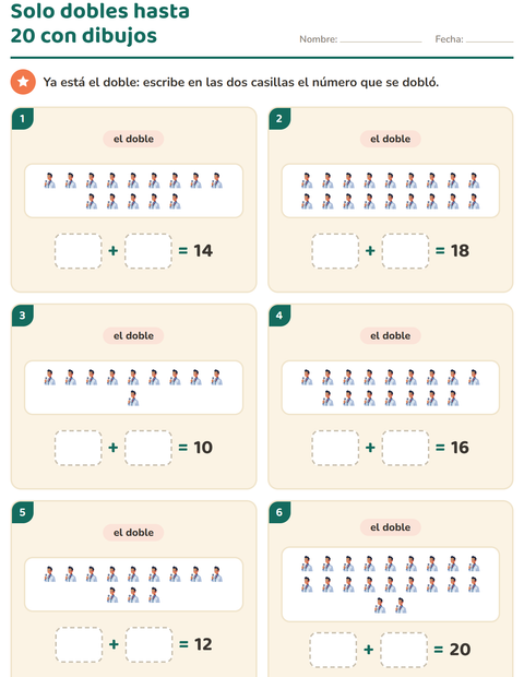 Vista previa de la hoja de Dobles y mitades con Ocupaciones para grado 1