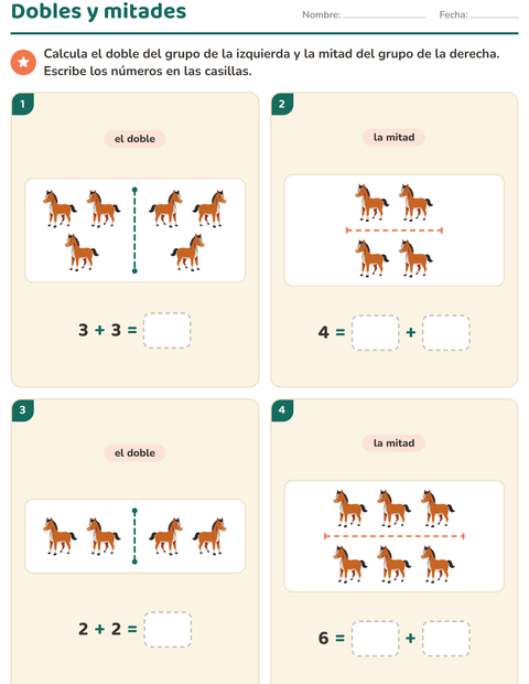 Vista previa de la hoja de Dobles y mitades con Animales de granja para grado 1