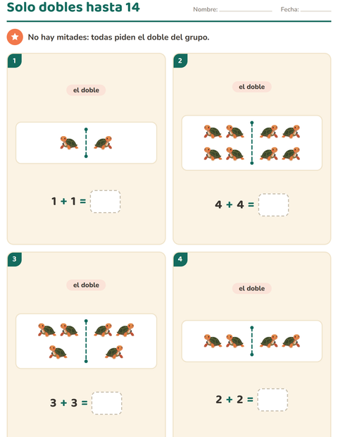 Vista previa de la hoja de Dobles y mitades con Reptiles y anfibios para grado 1