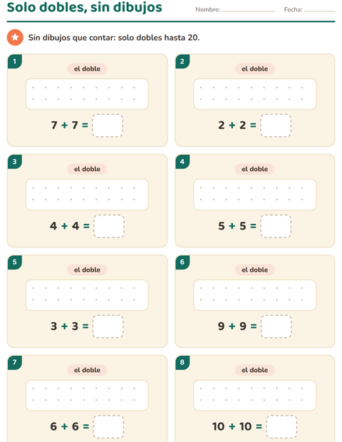 Sólo dobles hasta 20 sin dibujos: ocho tarjetas y un panel en blanco — primer grado