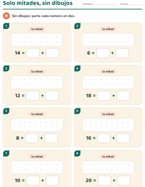 Sólo mitades hasta 20 sin dibujos: ocho números para repartir en dos — primer grado