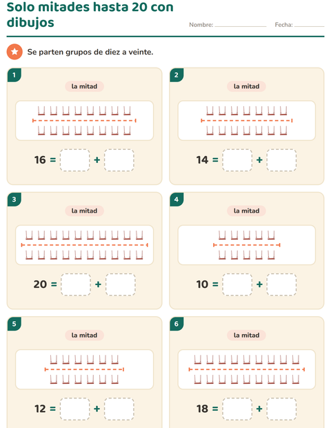 Sólo mitades hasta 20 con dibujos: grupos grandes en dos filas iguales — primer grado
