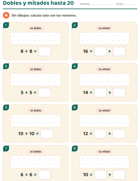 Dobles y mitades hasta 20: ocho tarjetas sólo con números — primer grado