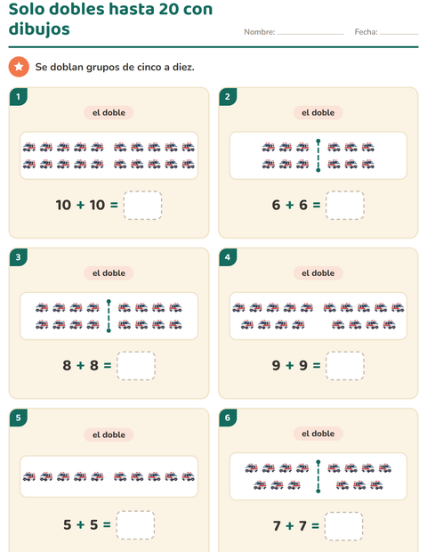 Sólo dobles hasta 20 con dibujos: grupos de cinco a diez — primer grado