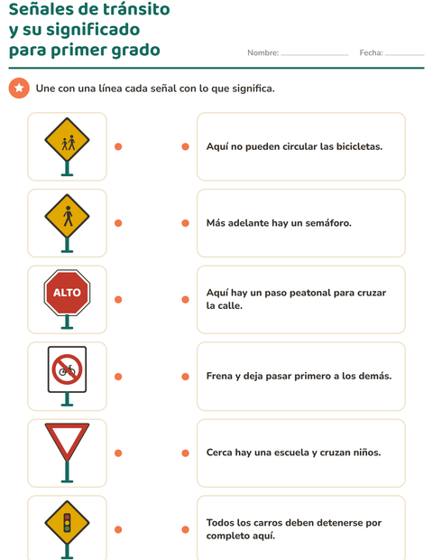 Vista previa de la hoja de Educación vial para grado 1