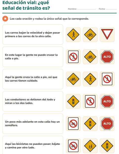 Vista previa de la hoja de Educación vial para grado 2