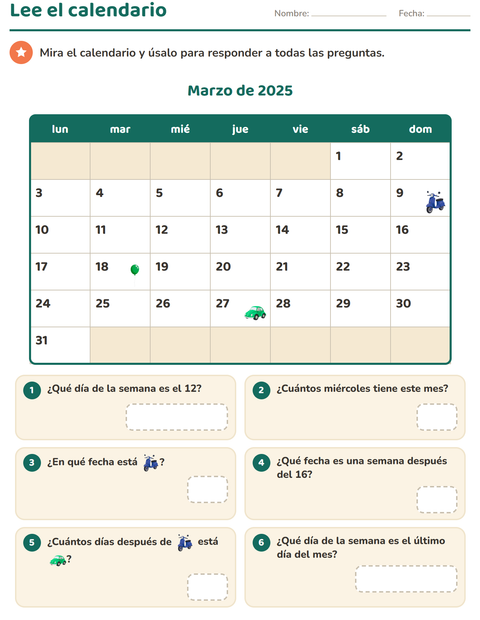 Vista previa de la hoja de El calendario para grado 2
