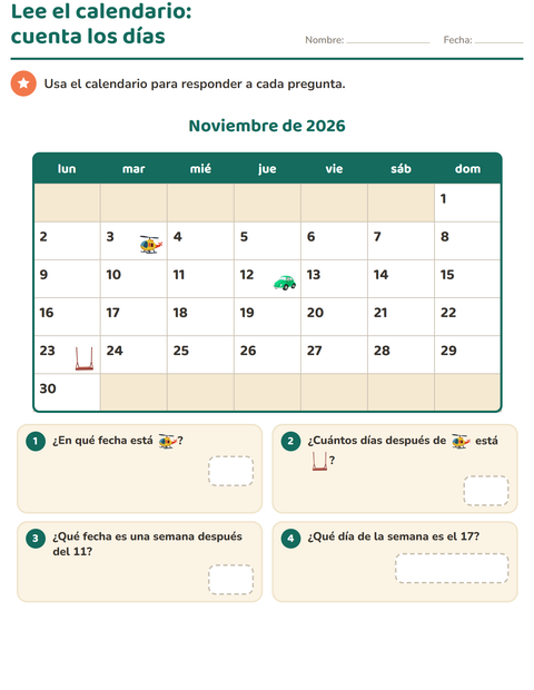 Vista previa de la hoja de El calendario para grado 2