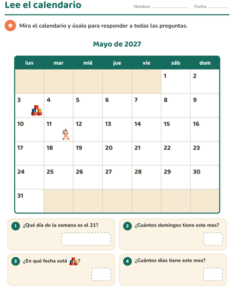 Vista previa de la hoja de El calendario para grado 2