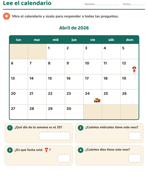 Vista previa de la hoja de El calendario para grado 2