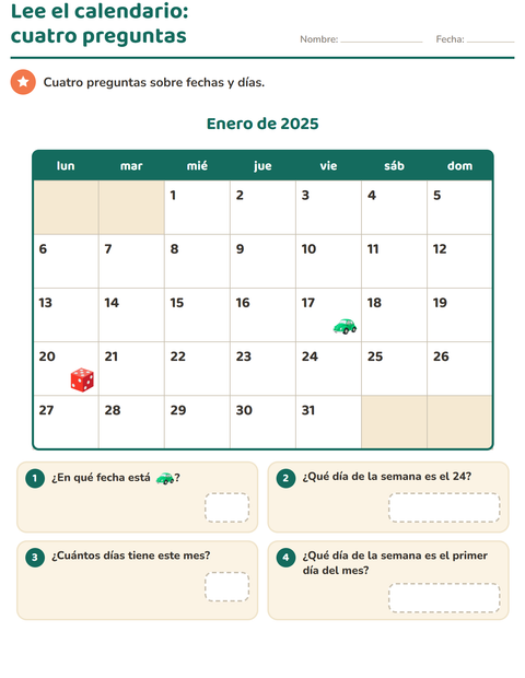 Vista previa de la hoja de El calendario para grado 2
