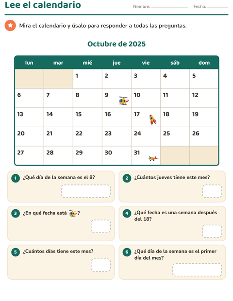 Vista previa de la hoja de El calendario para grado 2