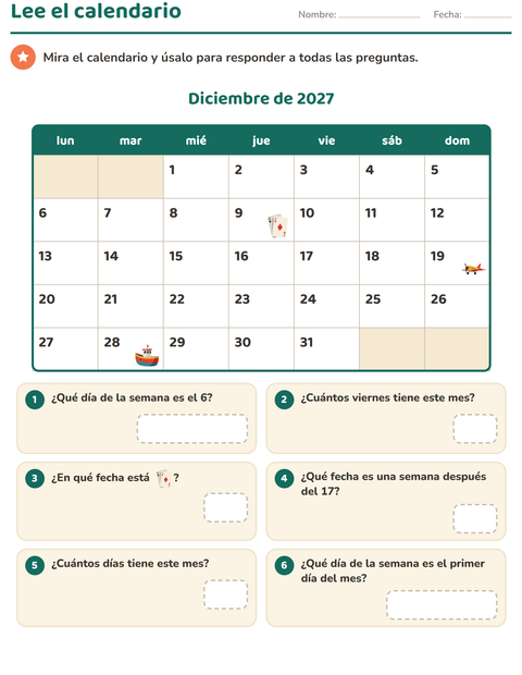 Vista previa de la hoja de El calendario para grado 2