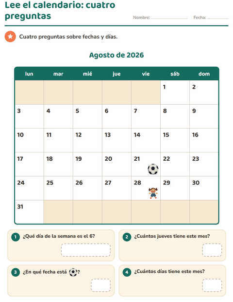 Lee el calendario: cuatro preguntas para empezar — segundo grado