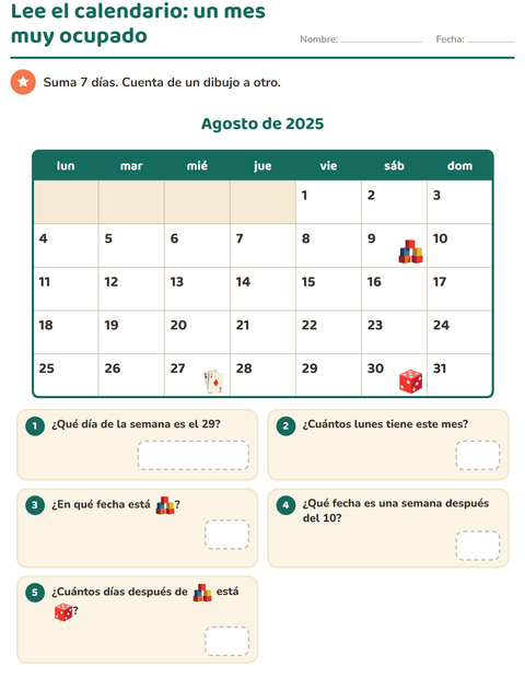 Lee el calendario: un mes con tres pegatinas — segundo grado