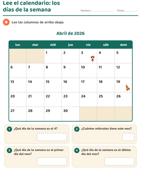Vista previa de la hoja de El calendario para grado 2