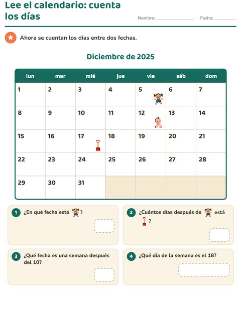 Lee el calendario: cuántos días hay de una pegatina a otra — segundo grado
