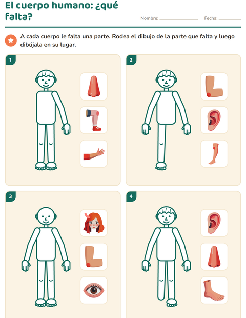 Vista previa de El cuerpo humano: ¿qué parte le falta a cada figura? — preescolar