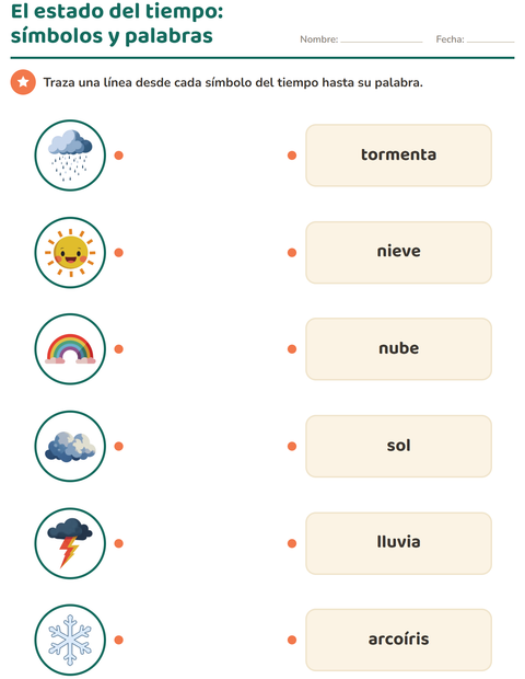 El estado del tiempo: une cada símbolo con su palabra — preescolar