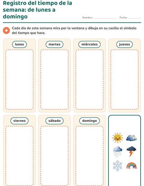 Registro del tiempo de la semana, de lunes a domingo — preescolar