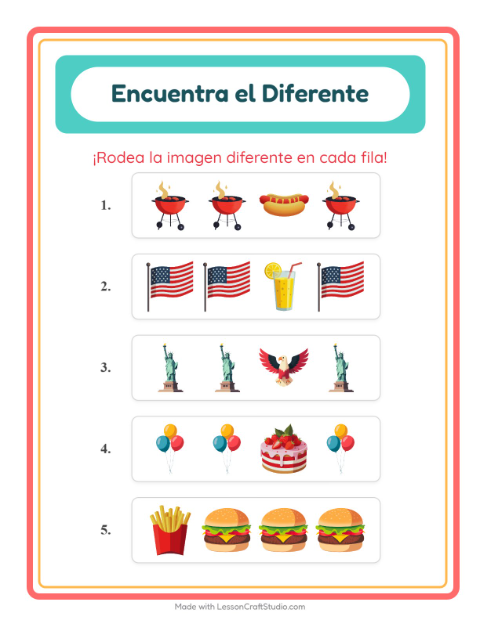 Vista previa de la hoja de El Intruso con 4 de Julio para jardín infantil